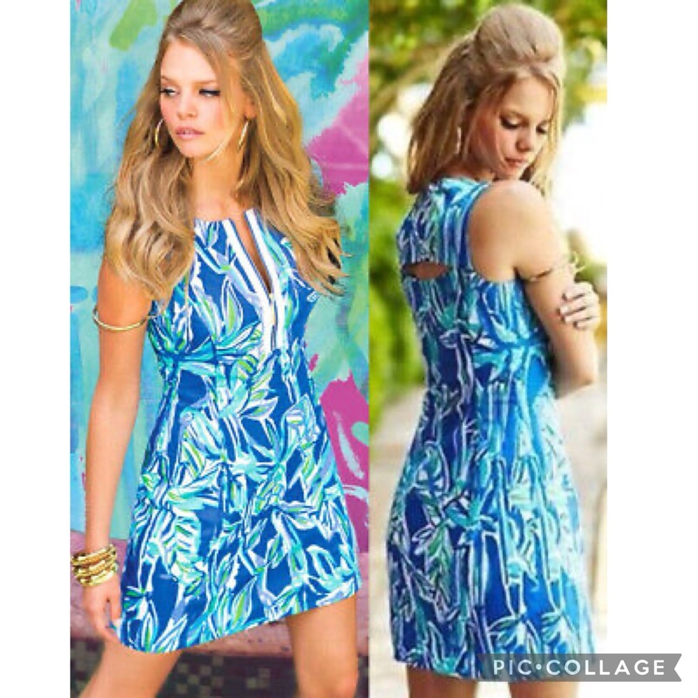 Lilly Pulitzer “Penelope” Tropical Blue Crush Bamboo Print Shift Dress
